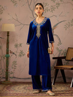 Women Royal Blue Velvet Embroidered Kurta With Straight Pants-SHKUR00460_SHPAN50981