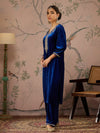 Women Royal Blue Velvet Embroidered Kurta With Straight Pants-SHKUR00460_SHPAN50981