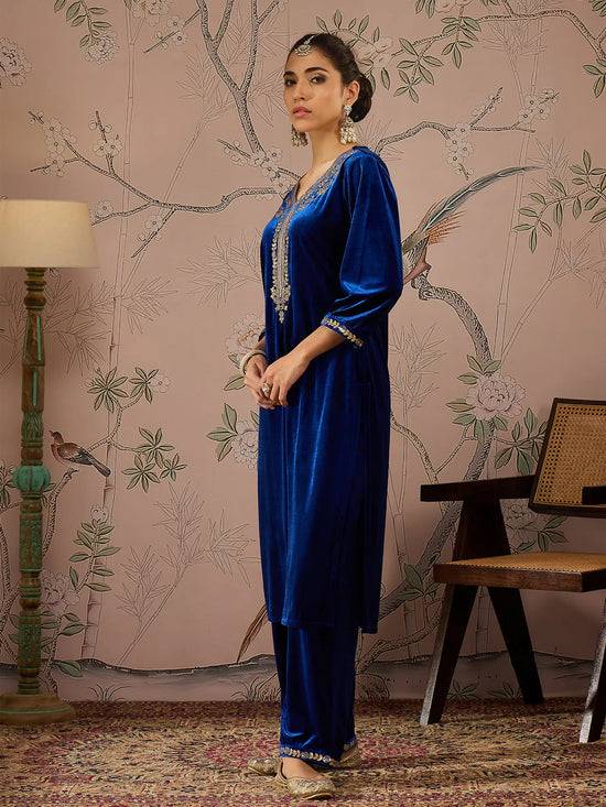 Women Royal Blue Velvet Embroidered Kurta With Straight Pants-SHKUR00460_SHPAN50981