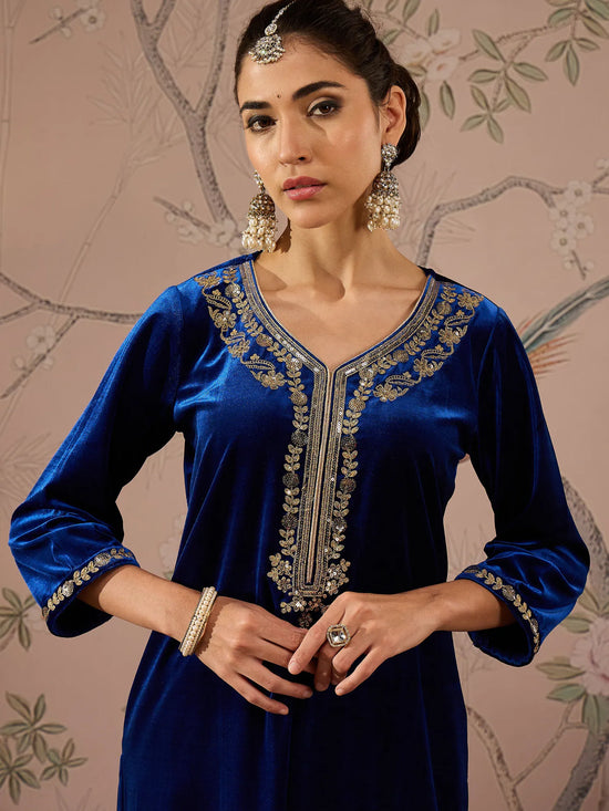 Women Royal Blue Velvet Embroidered Kurta With Straight Pants-SHKUR00460_SHPAN50981