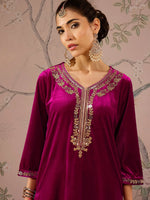 Women Fuchsia Velvet Front Embroidered Kurta-SHKUR00461