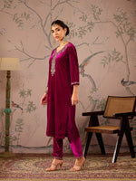 Women Fuchsia Velvet Front Embroidered Kurta-SHKUR00461