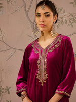 Women Fuchsia Velvet Front Embroidered Kurta-SHKUR00461