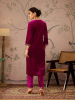 Women Fuchsia Velvet Front Embroidered Kurta-SHKUR00461