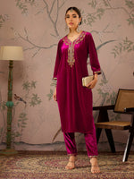 Women Fuchsia Velvet Embroidered Kurta With Pencil Pants-SHKUR00461_SHPAN50982