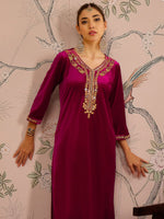 Women Fuchsia Velvet Embroidered Kurta With Pencil Pants-SHKUR00461_SHPAN50982