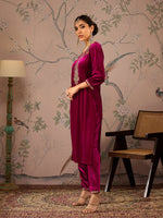 Women Fuchsia Velvet Embroidered Kurta With Pencil Pants-SHKUR00461_SHPAN50982