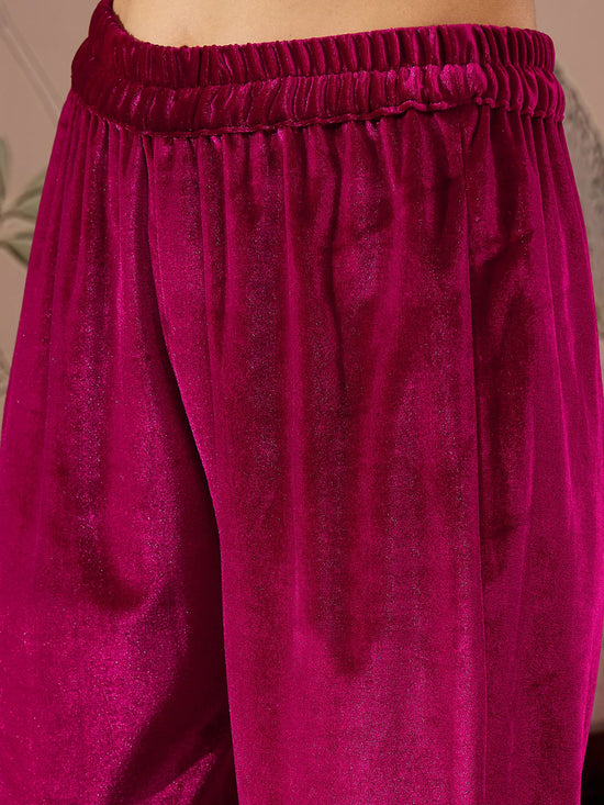 Women Fuchsia Velvet Embroidered Kurta With Pencil Pants-SHKUR00461_SHPAN50982