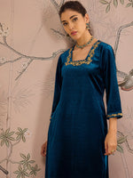 Women Teal Velvet Glass Neck Front Embroidered Kurta-SHKUR00462