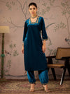 Women Teal Velvet Glass Neck Front Embroidered Kurta-SHKUR00462