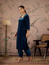 Women Teal Velvet Glass Neck Front Embroidered Kurta-SHKUR00462