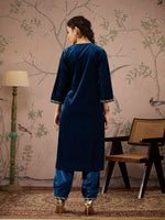 Women Teal Velvet Glass Neck Front Embroidered Kurta-SHKUR00462