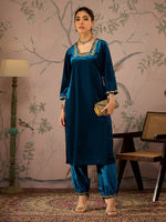 Women Teal Velvet Embroidered Straight Kurta With Afghani Pants-SHKUR00462_SHPAN50983