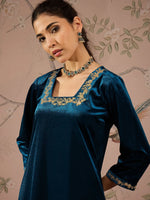 Women Teal Velvet Embroidered Straight Kurta With Afghani Pants-SHKUR00462_SHPAN50983