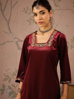 Women Maroon Velvet Glass Neck Front Embroidered Kurta-SHKUR00463