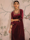 Women Maroon Velvet Glass Neck Front Embroidered Kurta-SHKUR00463