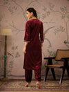 Women Maroon Velvet Glass Neck Front Embroidered Kurta-SHKUR00463