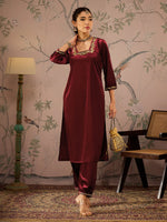 Women Maroon Velvet Embroidered Kurta With Afghani Pants-SHKUR00463_SHPAN50984