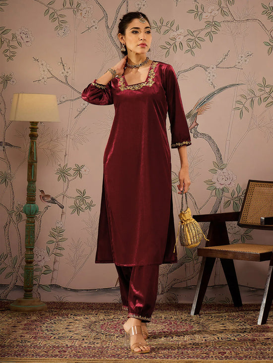 Women Maroon Velvet Embroidered Kurta With Afghani Pants-SHKUR00463_SHPAN50984