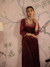 Women Maroon Velvet Embroidered Kurta With Afghani Pants-SHKUR00463_SHPAN50984