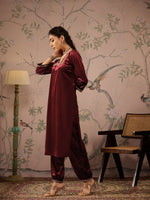 Women Maroon Velvet Embroidered Kurta With Afghani Pants-SHKUR00463_SHPAN50984