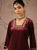 Women Maroon Velvet Embroidered Kurta With Afghani Pants-SHKUR00463_SHPAN50984