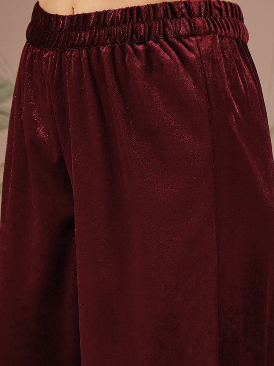 Women Maroon Velvet Embroidered Kurta With Afghani Pants-SHKUR00463_SHPAN50984