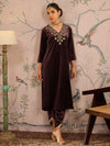 Women Brown Velvet V-Neck Front Embroidered Kurta-SHKUR00464