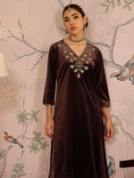 Women Brown Velvet V-Neck Front Embroidered Kurta-SHKUR00464