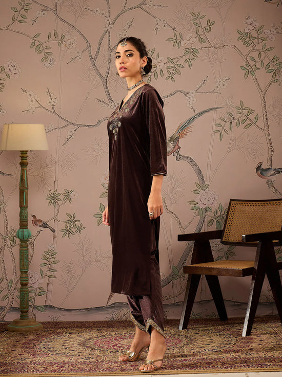 Women Brown Velvet V-Neck Front Embroidered Kurta-SHKUR00464