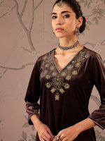 Women Brown Velvet V-Neck Front Embroidered Kurta-SHKUR00464