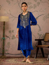 Women Royal Blue Front Embroidered Kurta-SHKUR00465