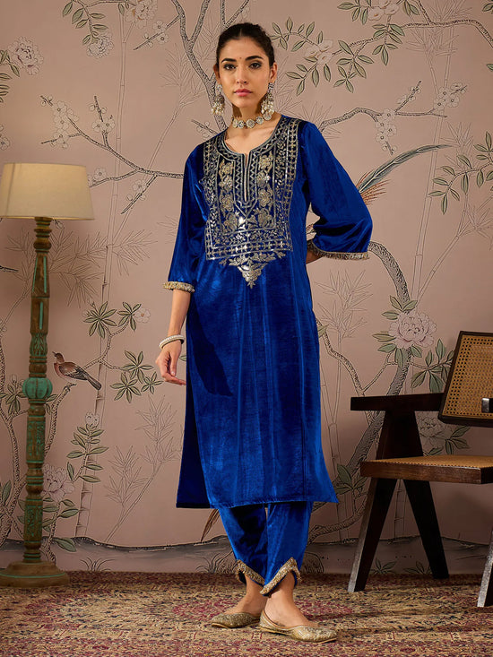 Women Royal Blue Front Embroidered Kurta-SHKUR00465