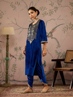 Women Royal Blue Front Embroidered Kurta-SHKUR00465