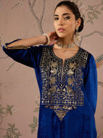 Women Royal Blue Front Embroidered Kurta-SHKUR00465