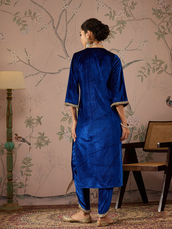 Women Royal Blue Front Embroidered Kurta-SHKUR00465