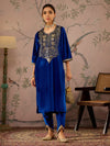 Women Royal Blue Velvet Embroidered Kurta With Tulip Pants-SHKUR00465_SHPAN50986