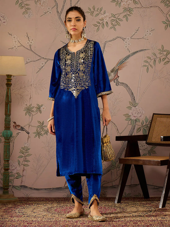 Women Royal Blue Velvet Embroidered Kurta With Tulip Pants-SHKUR00465_SHPAN50986