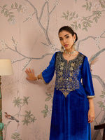 Women Royal Blue Velvet Embroidered Kurta With Tulip Pants-SHKUR00465_SHPAN50986