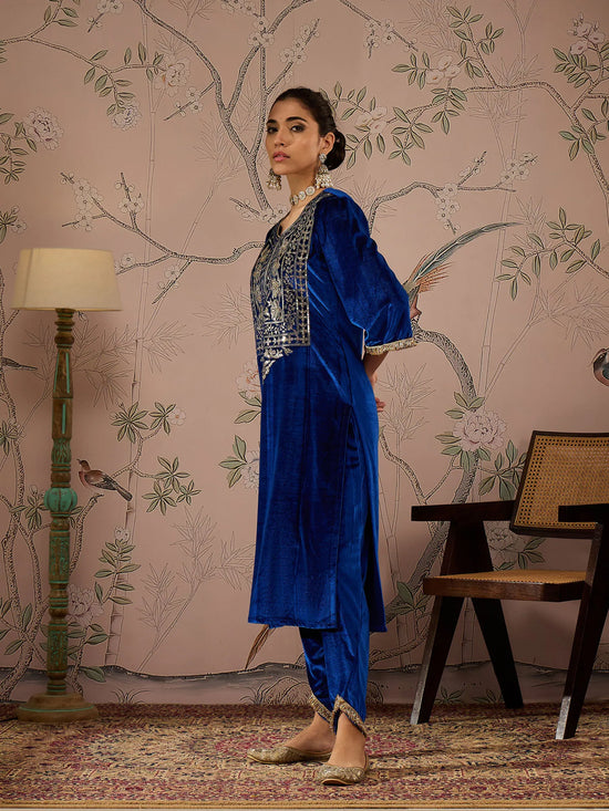 Women Royal Blue Velvet Embroidered Kurta With Tulip Pants-SHKUR00465_SHPAN50986