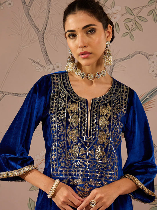 Women Royal Blue Velvet Embroidered Kurta With Tulip Pants-SHKUR00465_SHPAN50986