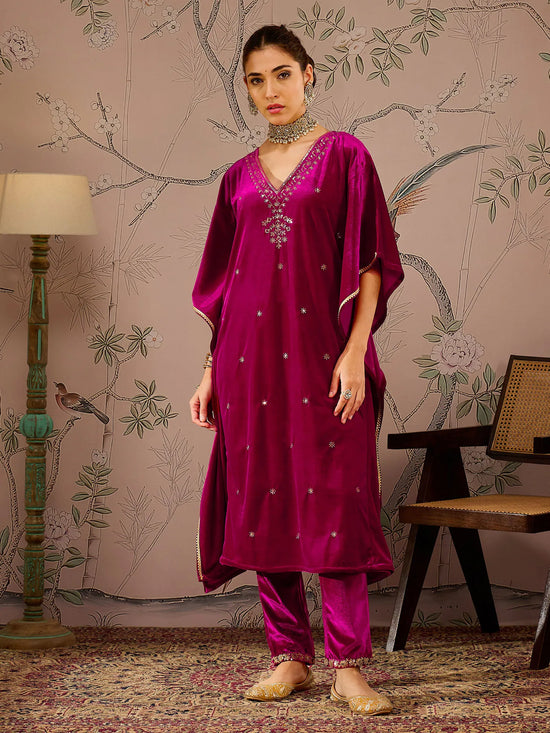 Women Fuchsia Velvet Front Embroidered Kaftan Kurta-SHKUR00466