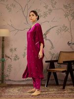 Women Fuchsia Velvet Front Embroidered Kaftan Kurta-SHKUR00466