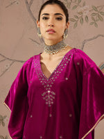 Women Fuchsia Velvet Front Embroidered Kaftan Kurta-SHKUR00466