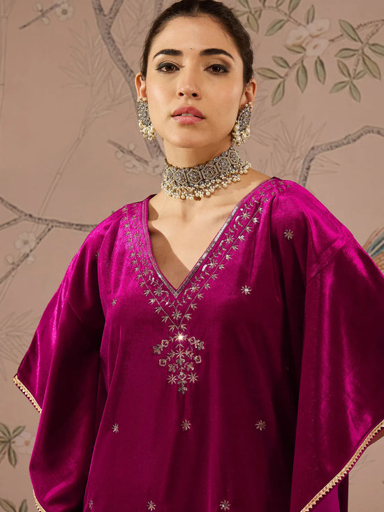 Women Fuchsia Velvet Front Embroidered Kaftan Kurta-SHKUR00466