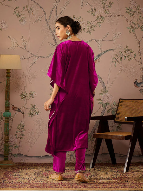 Women Fuchsia Velvet Front Embroidered Kaftan Kurta-SHKUR00466