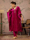 Women Fuchsia Velvet Embroidered Kaftan Kurta With Straight Pants-SHKUR00466_SHPAN50988