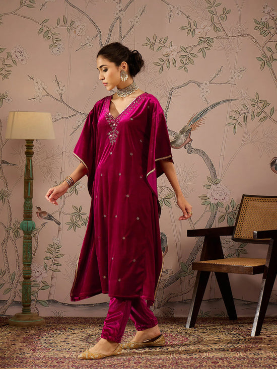 Women Fuchsia Velvet Embroidered Kaftan Kurta With Straight Pants-SHKUR00466_SHPAN50988