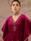 Women Fuchsia Velvet Embroidered Kaftan Kurta With Straight Pants-SHKUR00466_SHPAN50988