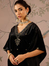 Women Black Velvet Front Embroidered Kaftan Kurta-SHKUR00467